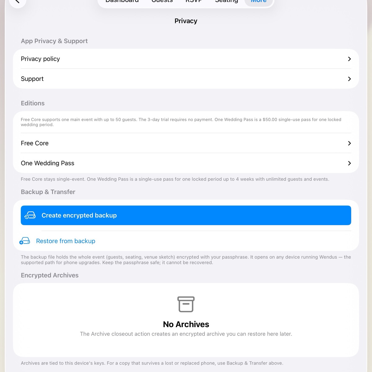 Wendus Privacy screen showing Create encrypted backup, Restore from backup, and restorable encrypted archives.