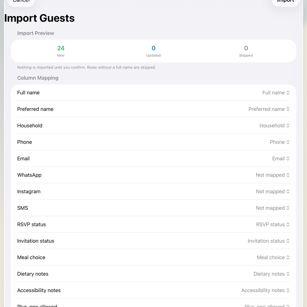 Wendus guest import preview showing new, updated, and skipped counts above remappable CSV columns.