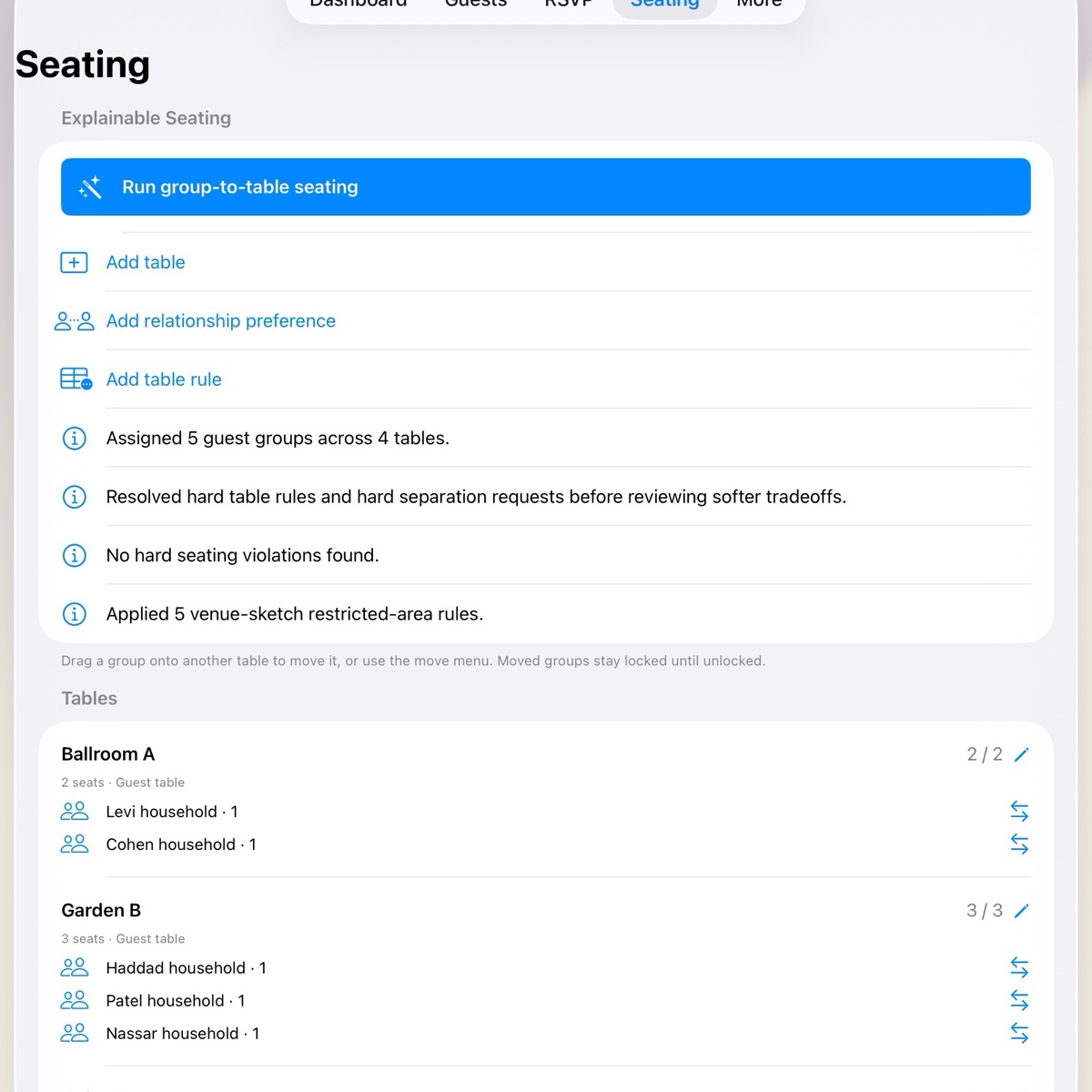 Wendus seating plan explaining hard rules and showing draggable household groups assigned across tables.
