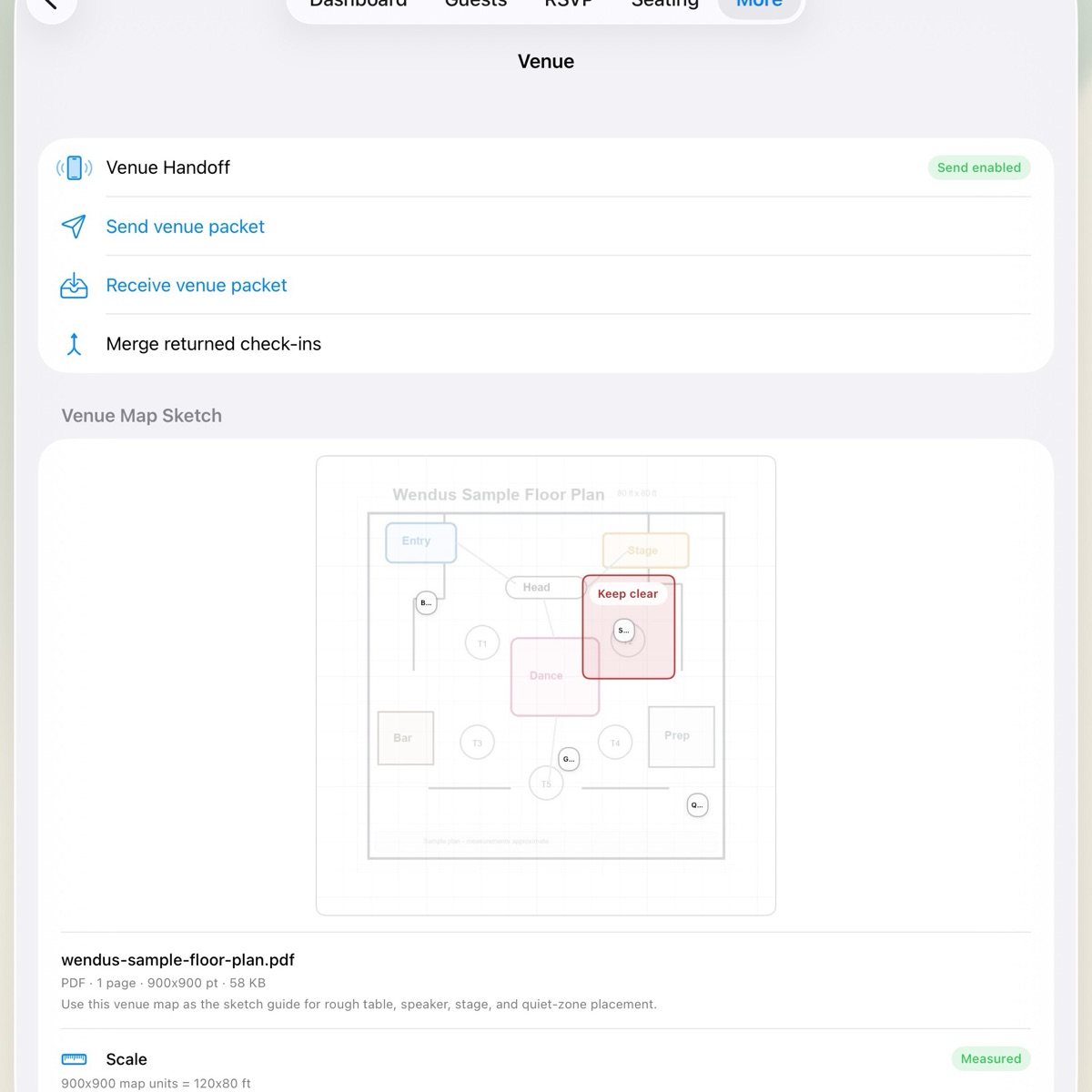 Wendus Venue screen showing encrypted Venue Handoff, repeated check-in merge, and a measured floor-plan sketch.