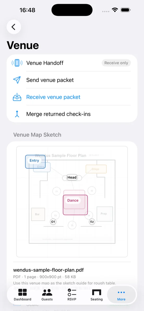 Wendus Venue screen showing an imported floor-plan PDF used as a calibrated venue map sketch.