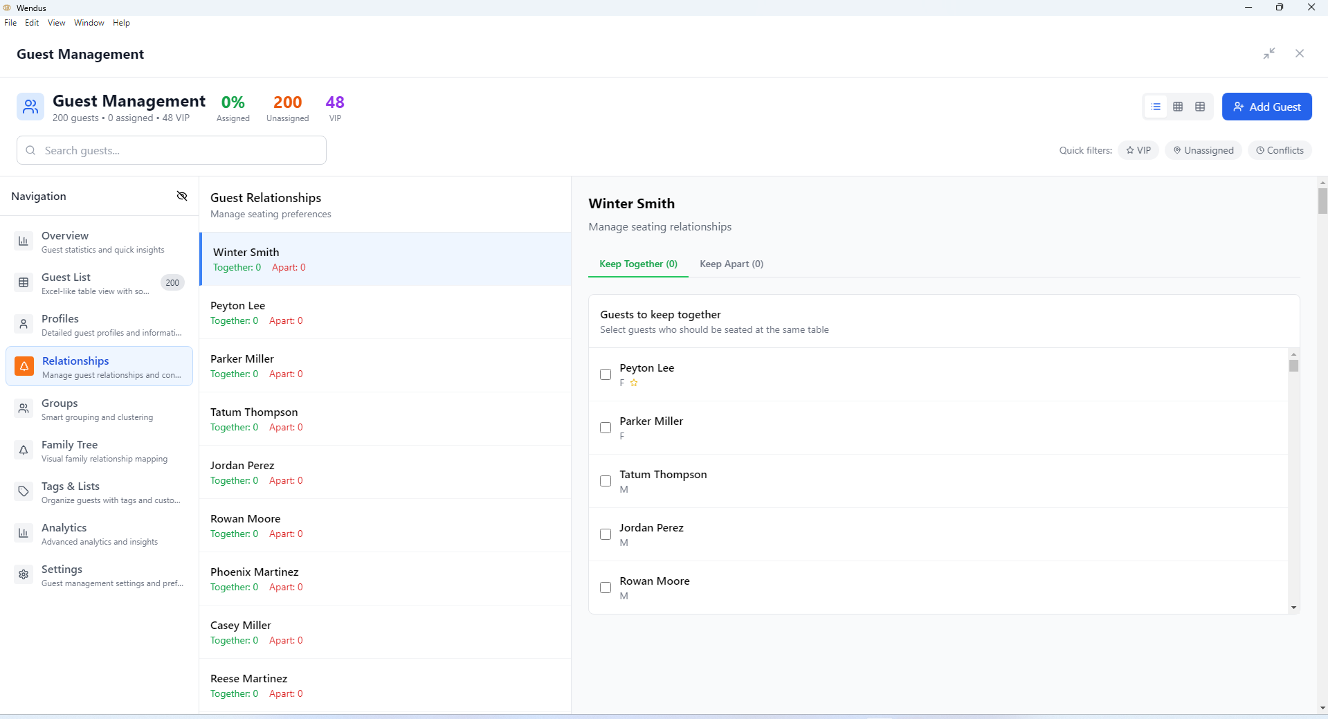 Guest relationships management interface showing keep together and keep apart preferences