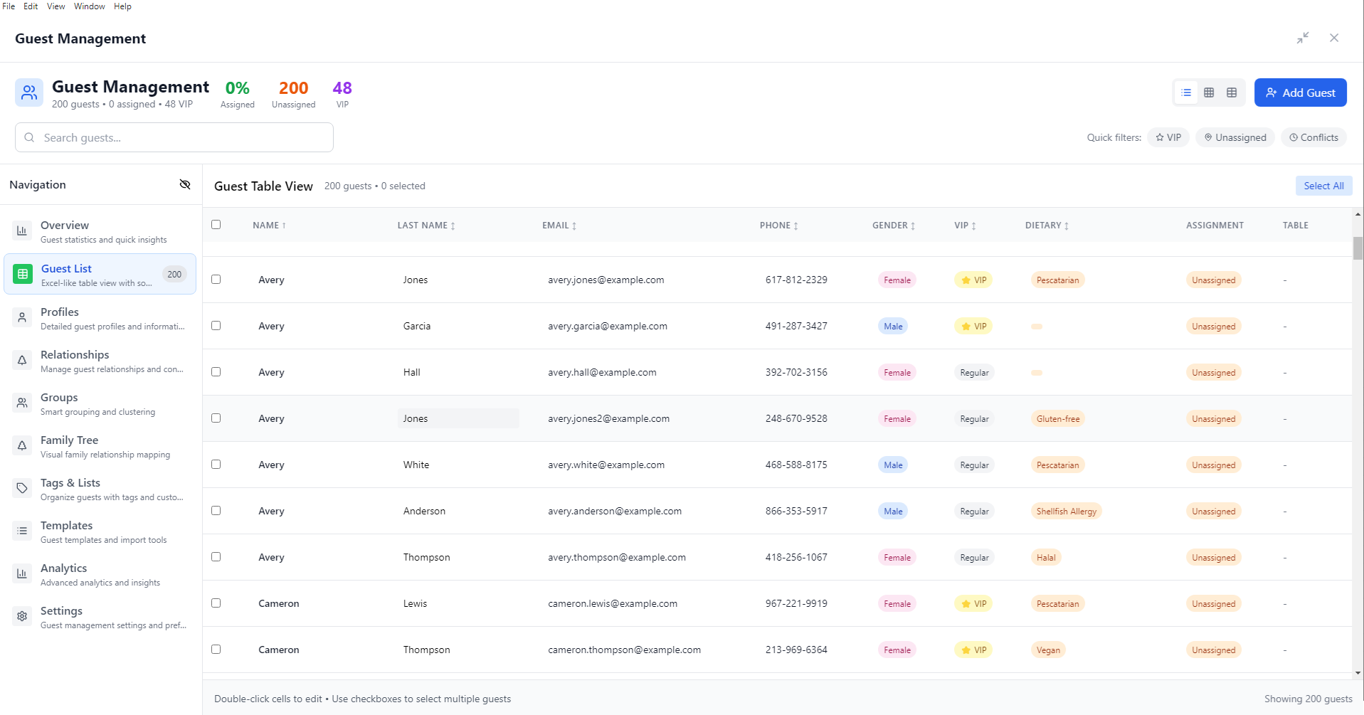 Comprehensive guest list spreadsheet view with dietary restrictions and VIP status tracking