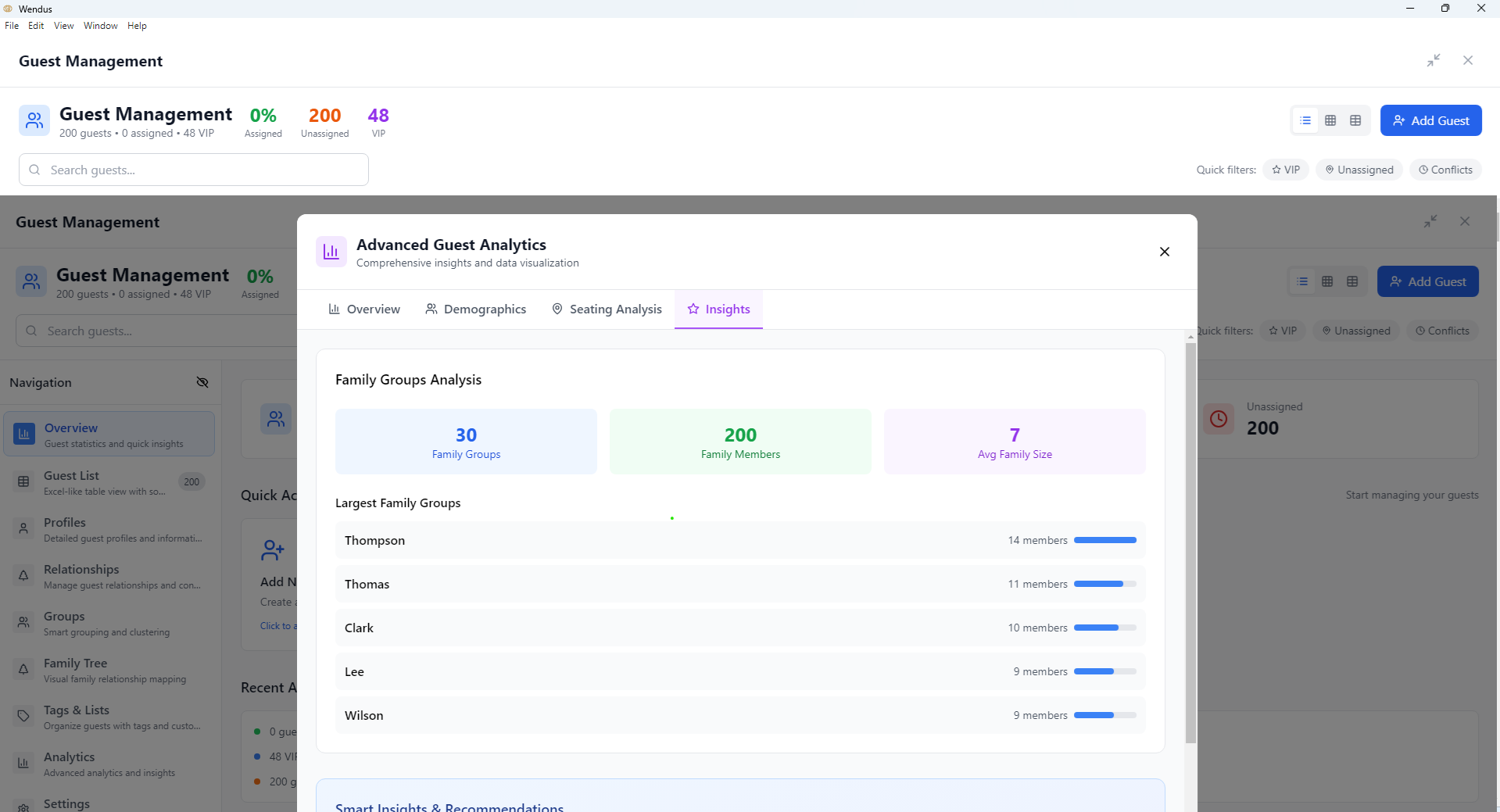 Advanced guest analytics showing family groups and seating insights