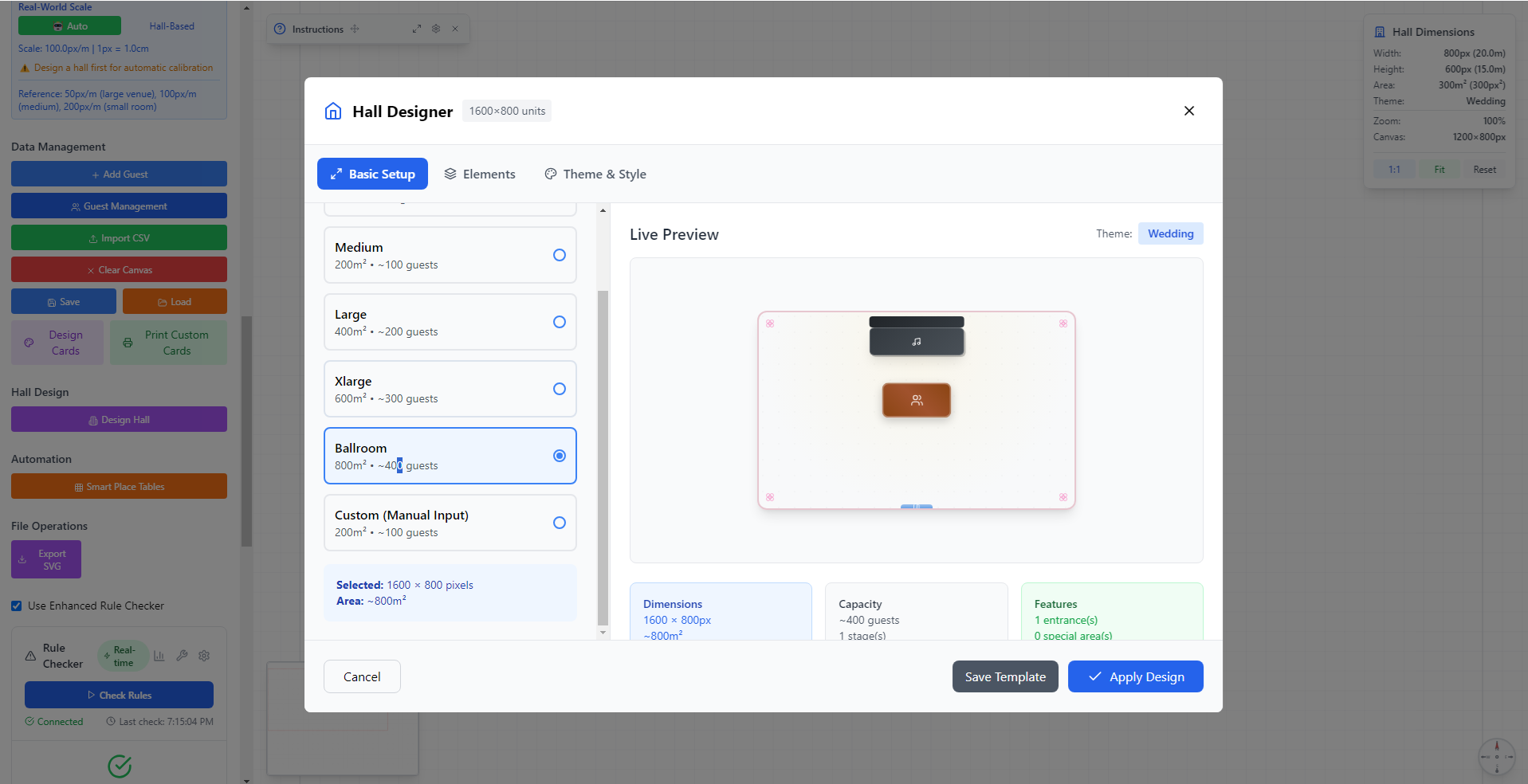 Professional hall designer with ballroom templates and venue layout tools for large events