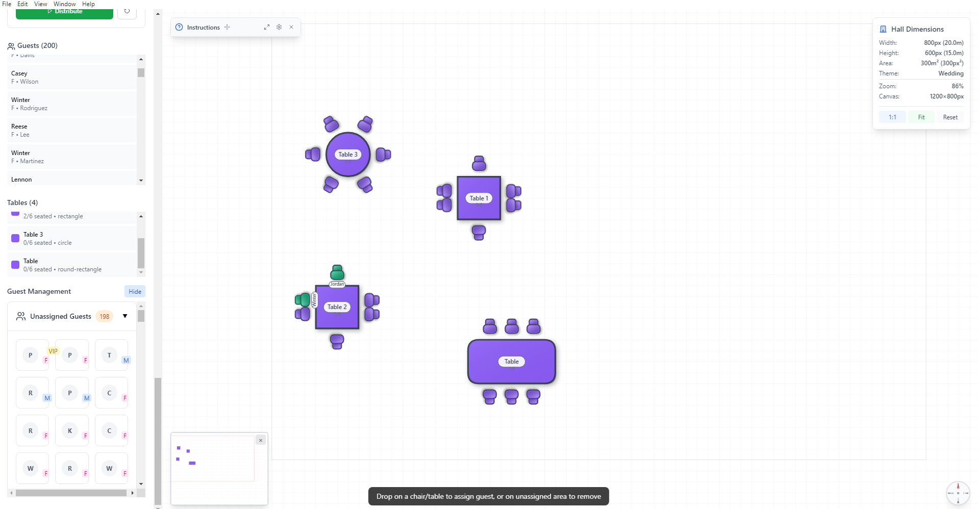 Visual table layout designer with drag-and-drop functionality and guest seating assignments